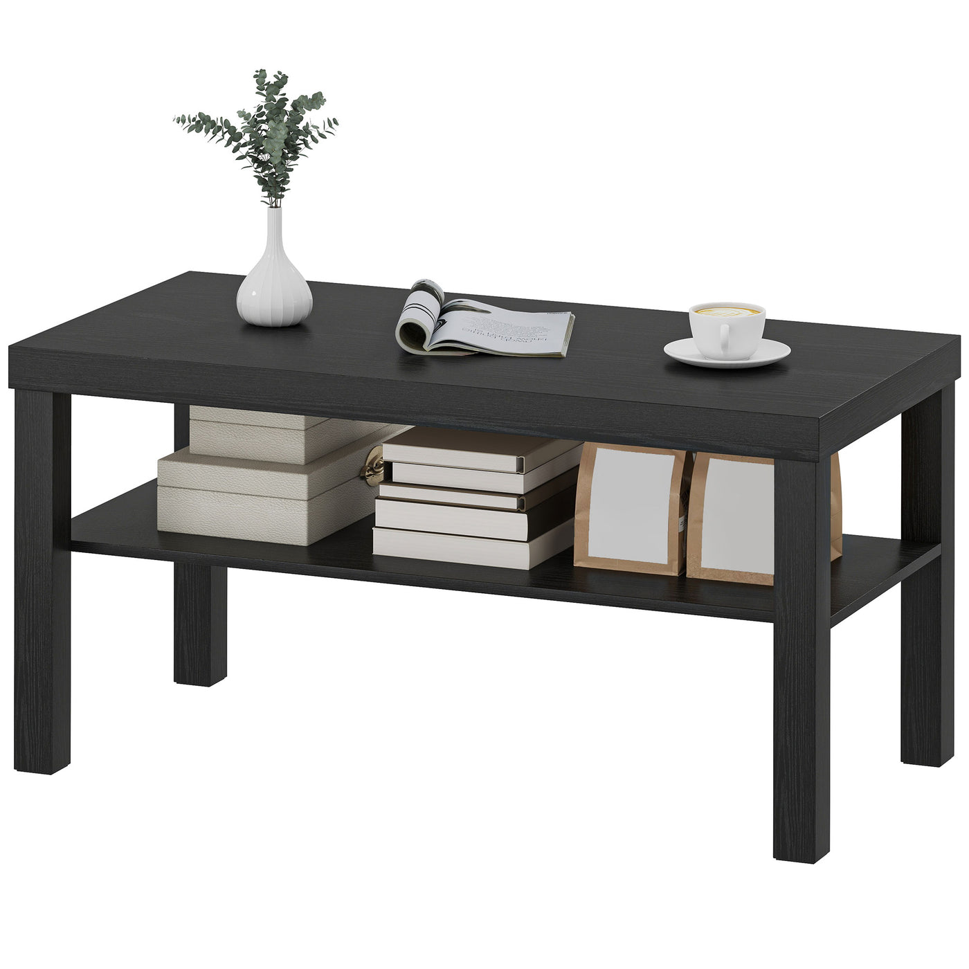 2 Tier Coffee Table, Rectangular Center Table with Storage Shelf for Living Room, Home Office, Black