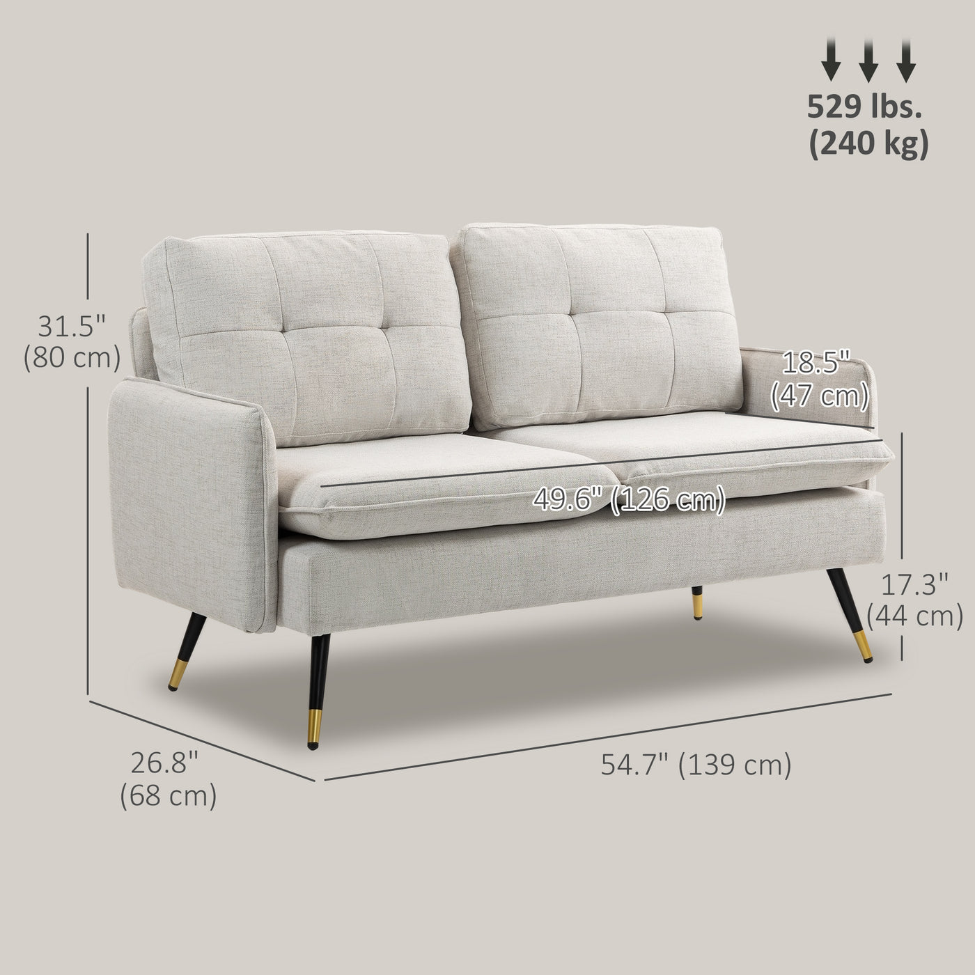 55" Loveseat Sofa, Linen Love Seat w/ S spring, Steel Legs and Button Tufting, Small Couch for Living Room, Cream White