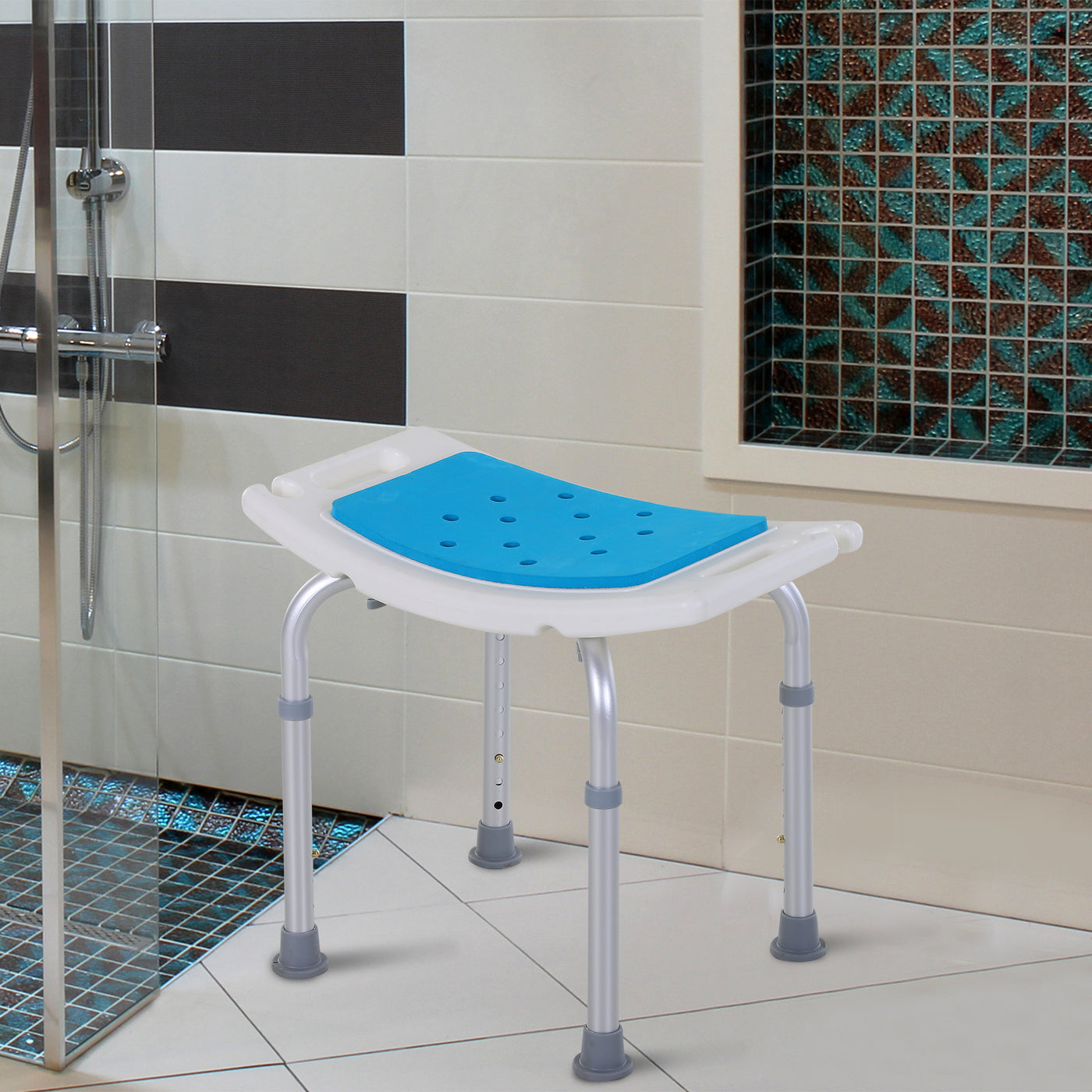 Height Adjustable Shower Chair, 20.5"W Aluminum Shower Stool for Inside Shower with Suction Cup Feet, EVA Padded Bath Seat for Senior, Elderly, Disabled
