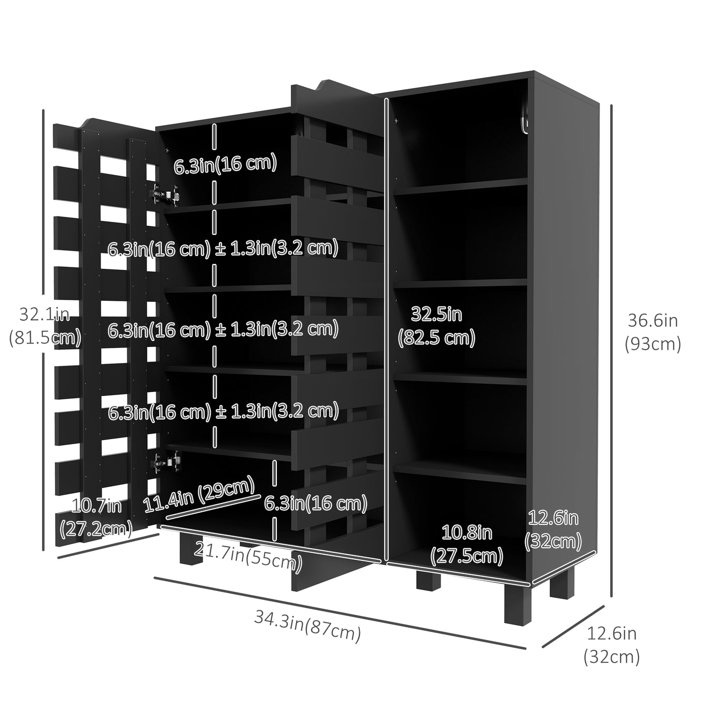 Shoe Cabinet, 21 Pair Shoe Storage Cabinet Organizer with 5-tier Double Door Cupboard and 5-tier Open Shelves, Black