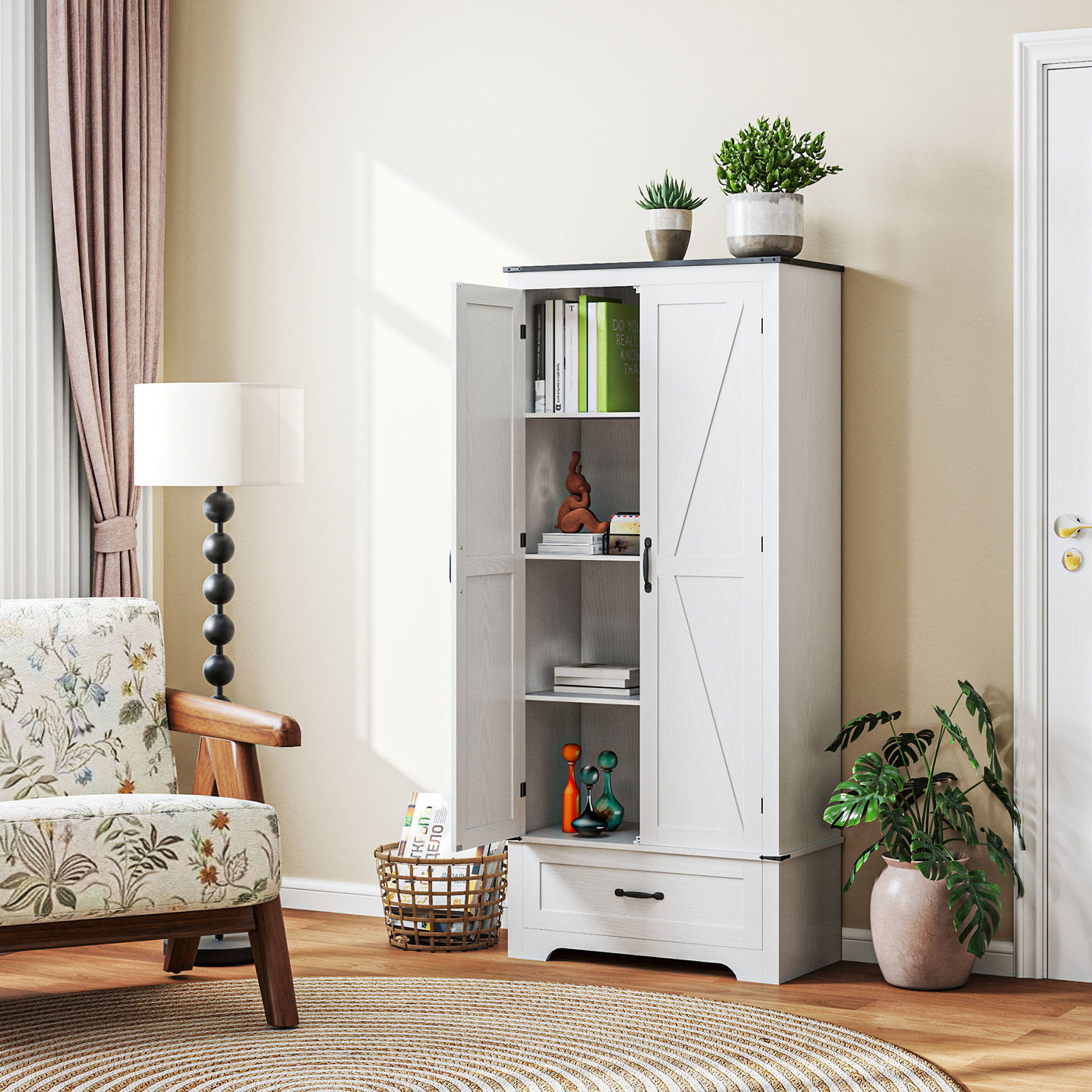 72" Farmhouse Pantry Cabinet with Adjustable Shelves, Kitchen Pantry Cabinet with 2 Doors, White Wood Grain