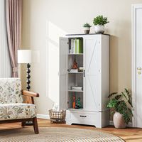 72" Farmhouse Pantry Cabinet with Adjustable Shelves, Kitchen Pantry Cabinet with 2 Doors, White Wood Grain