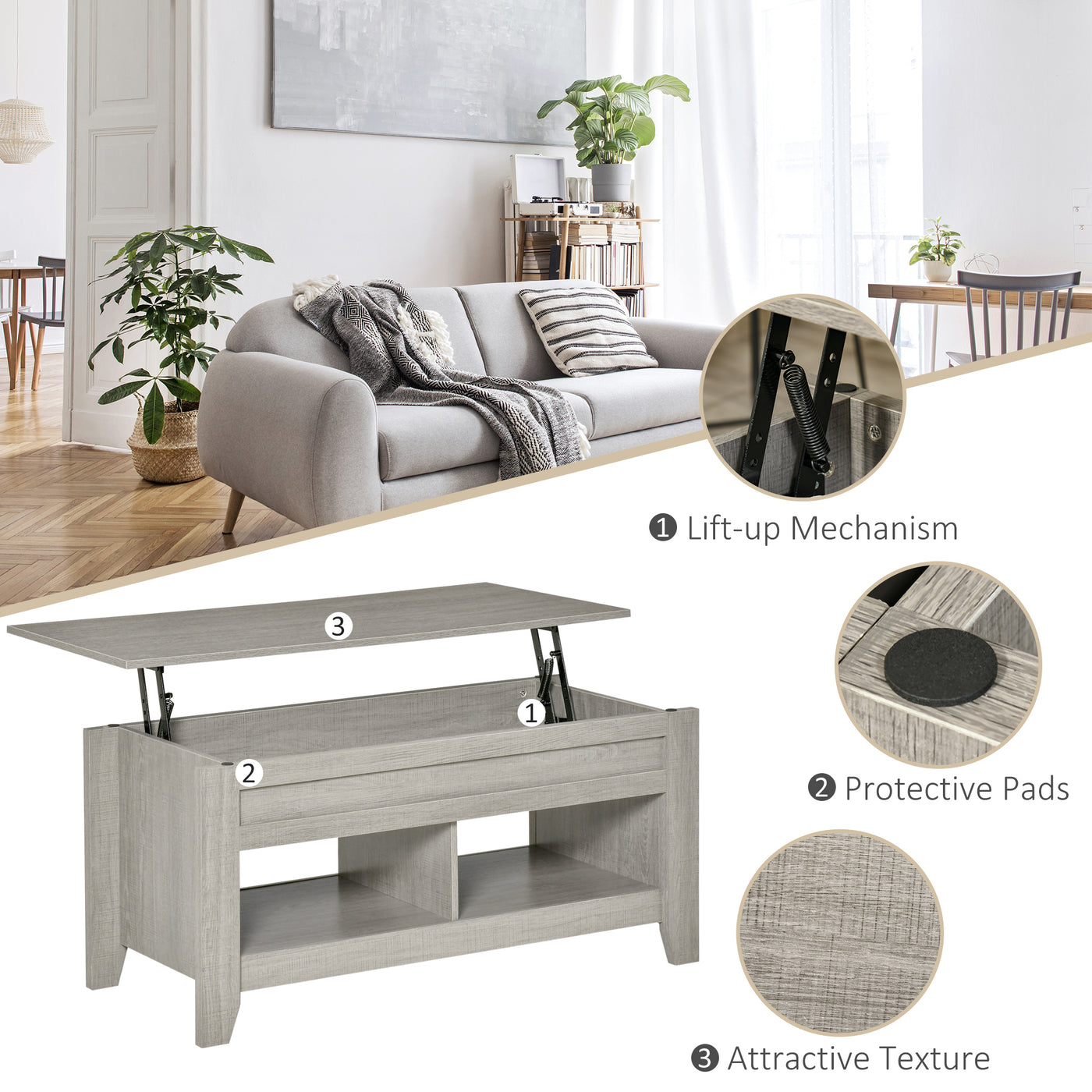 Lift Top Coffee Table with Hidden Storage Compartment and Open Shelves, Lift Tabletop Pop-Up Center Table for Living Room, Light Grey