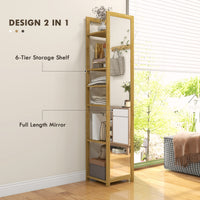 66" x 14" Standing Mirror with 6-Tier Shelf, Floor Mirror Full Body Mirror for Bathroom, Living Room, Nature Wood