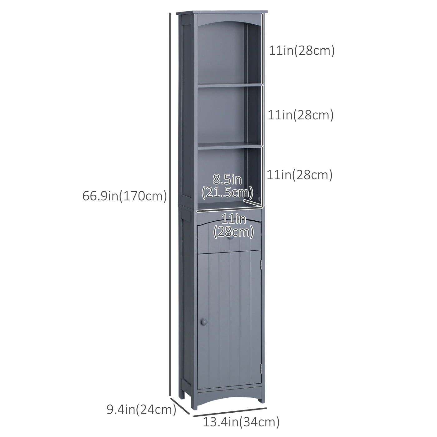 Bathroom Storage Cabinet, Tall Linen Tower with 3-Tier Shelves and Drawer and Door, Grey