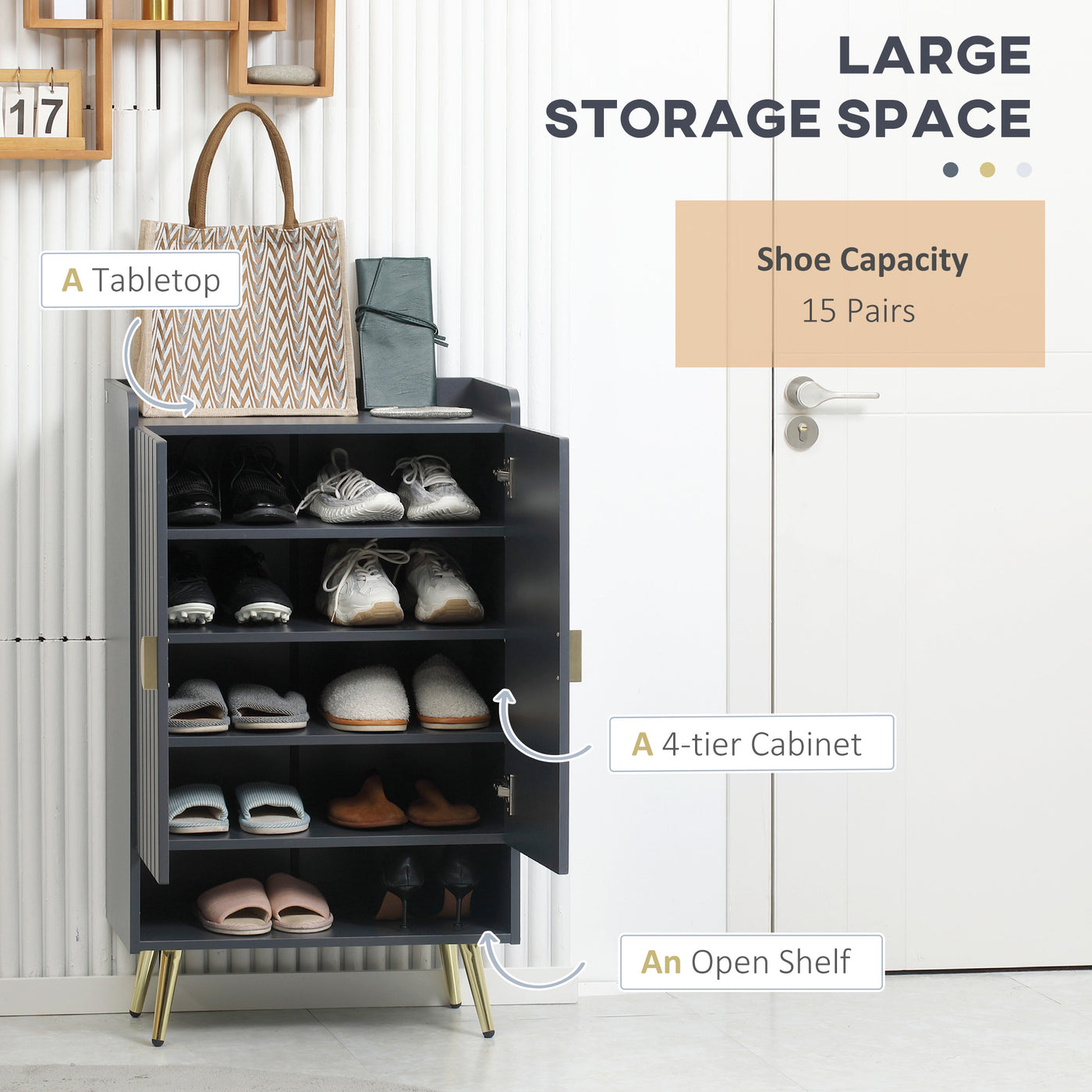 Entryway Shoe Storage Cabinet, Narrow Shoe Cabinet with Adjustable Shelves and Open Shelf for 15 Pairs of Shoes, Grey
