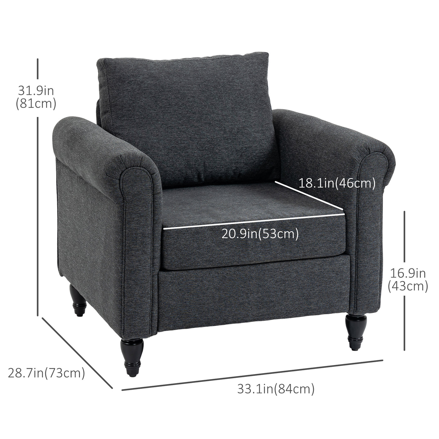 Vintage Armchair, Upholstered Accent Chair with Rolled Arms, Gourd-Shaped Rubber Wood Legs, Dark Grey