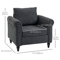 Vintage Armchair, Upholstered Accent Chair with Rolled Arms, Gourd-Shaped Rubber Wood Legs, Dark Grey