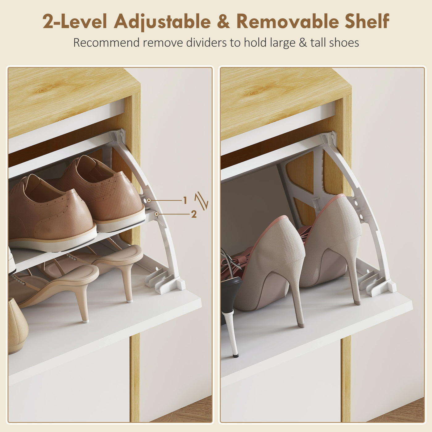 Narrow Shoe Cabinet, High Gloss Shoe Storage Cabinet with 2 Flip Drawers and Adjustable Shelves, Holds 16 Pairs, White