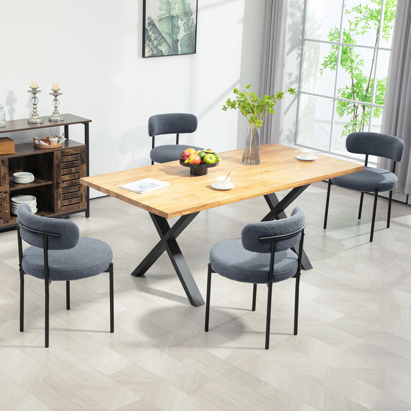 4 Pieces Kitchen Chairs, Modern Dining Chairs w/ Berber Fleece Upholstery and Steel Legs for Living Room, Grey