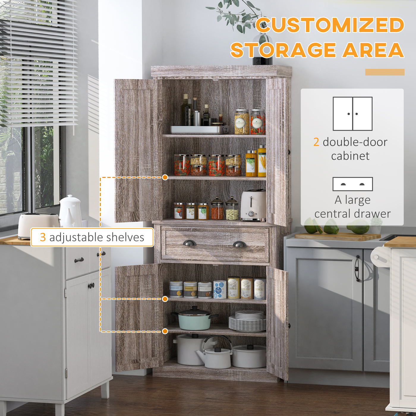 Long Standing Kitchen Cabinet w/ 2 Drawers MDF Board, Wood Grain
