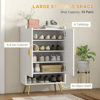Entryway Shoe Storage Cabinet, Narrow Shoe Cabinet with Adjustable Shelves and Open Shelf for 15 Pairs of Shoes, White