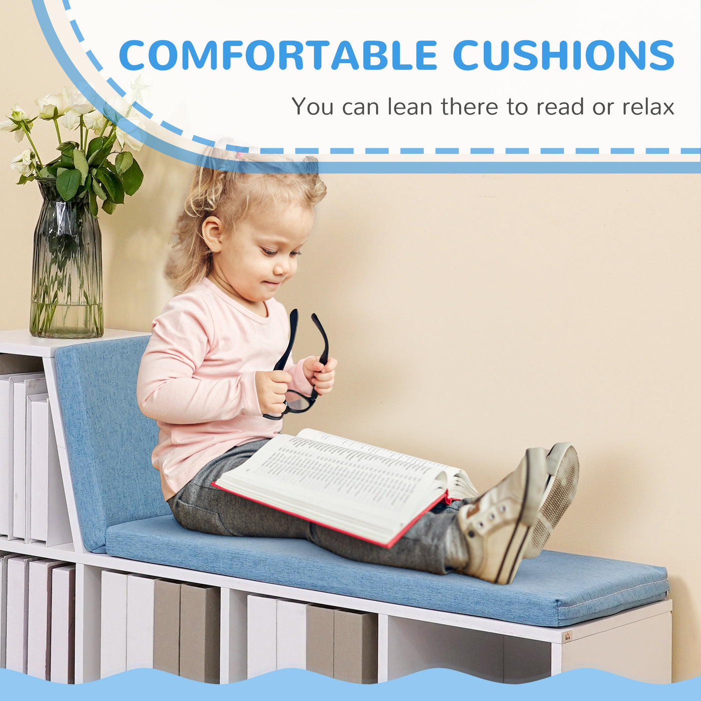 Multi-Purpose Bookshelf with 5 Cubes, 5-Cubby Bookcase with Cushioned Reading Nook and Storage Shelves, Blue