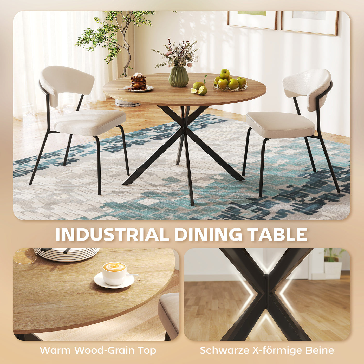47" Round Kitchen Table for 4, Industrial Dining Table with Steel Legs for Dining Room, Brown and Black
