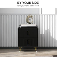 Bedside Table, Modern Nightstand with 2 Drawers, Side End Table with Metal Legs for Living Room, Bedroom, Black