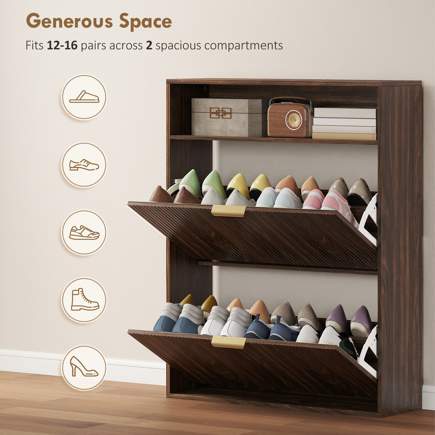 Shoe Cabinet with 2 Flip Drawers Narrow Shoe Storage Cabinet with Top Shelf for Entryway Hallway Coffee