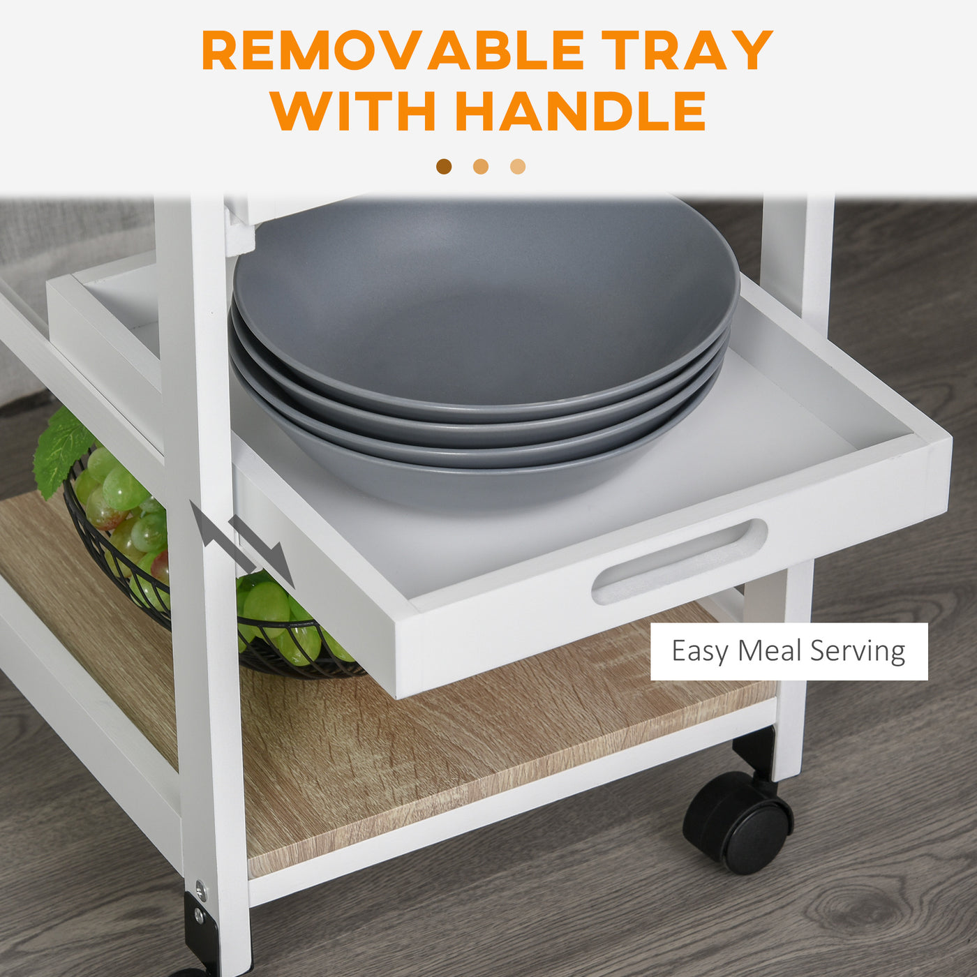 Rolling Kitchen Island Cart, Mobile Utility Storage Cart with Drawer, Wire Storage Basket, Removable Tray, White