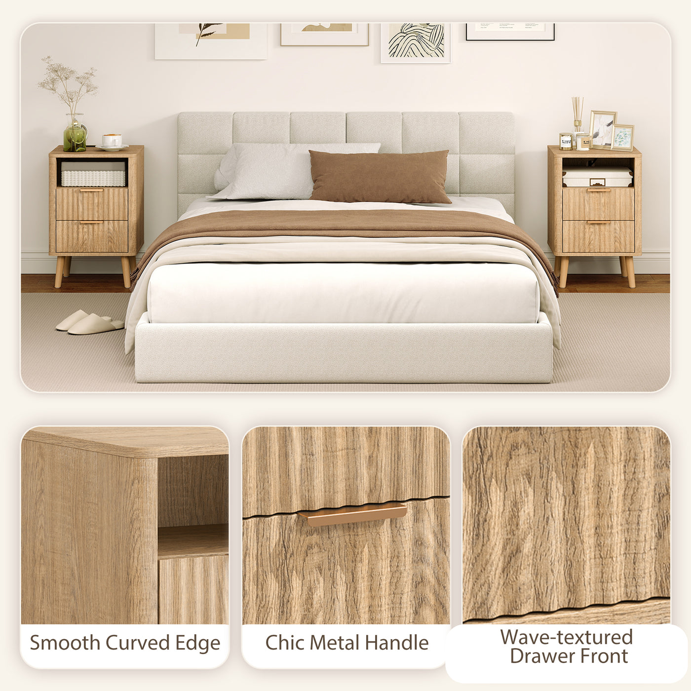 Nightstands Set of 2, Modern Bedside Tables with Charging Station, 2 Drawers and Open Shelf, Oak
