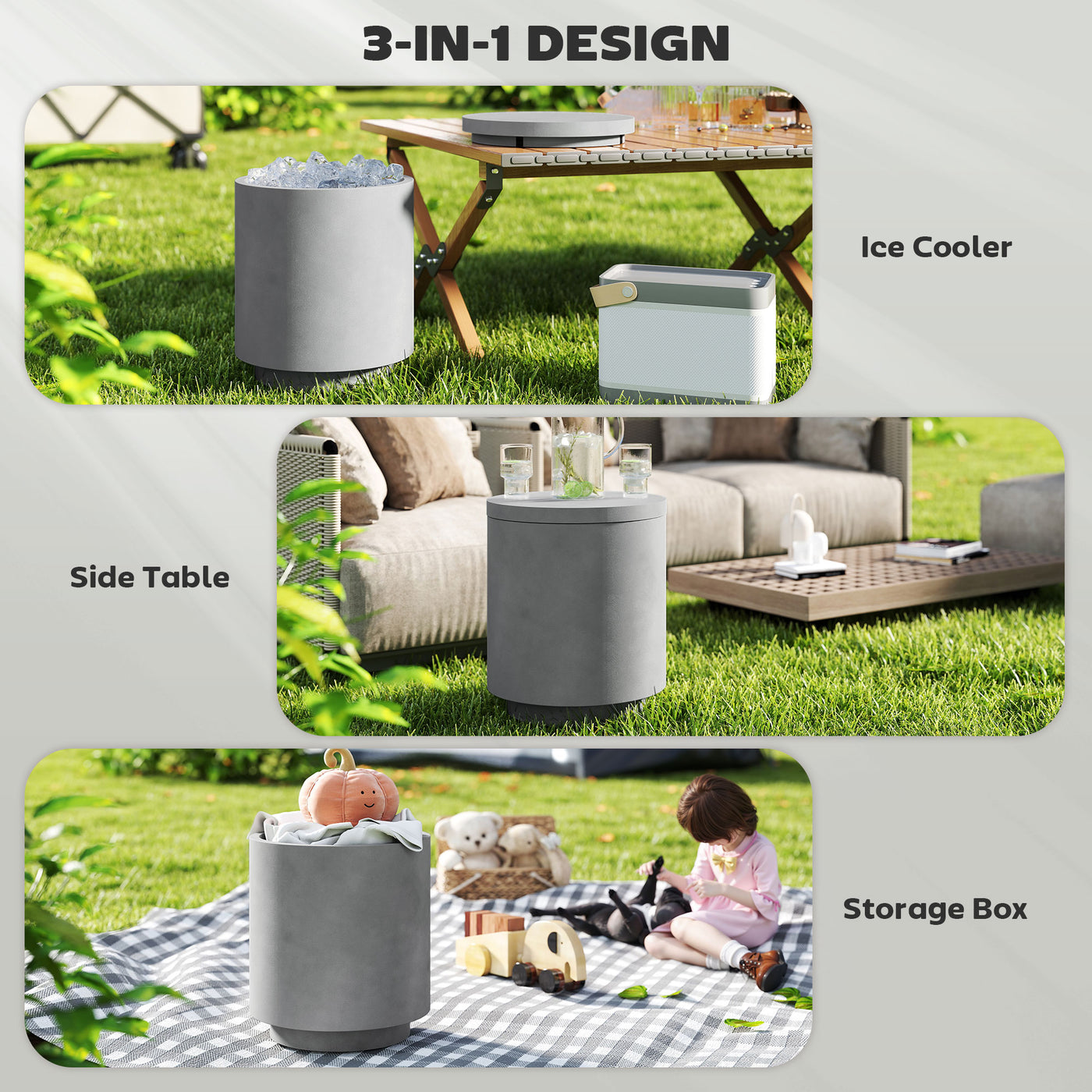 2.6 Gal Outdoor Side Table, 3-In-1 Concrete Cooler Bar Table with Storage, Removable Ice Bucket and Lid, Light Grey