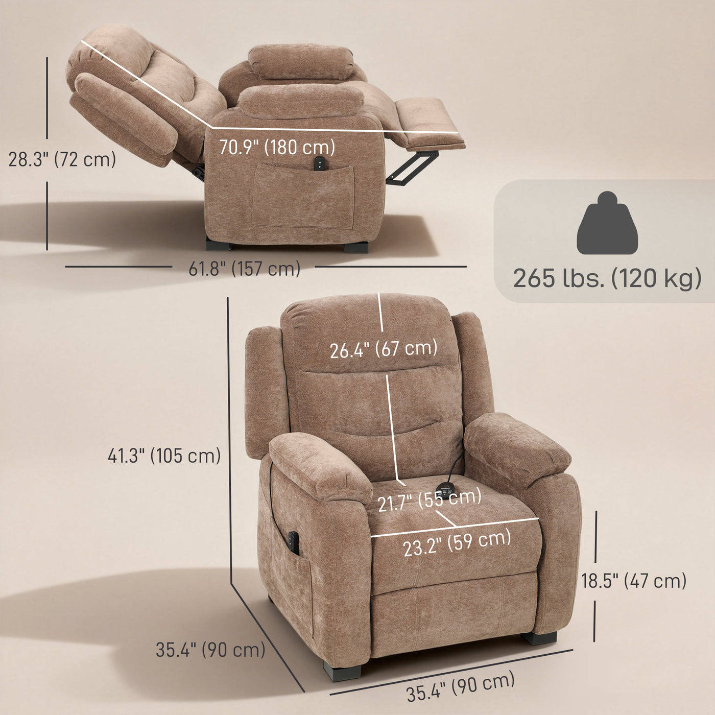 Massage Recliner Chair, Power Recliner with Quiet Brushless Motor, Remote, Pockets, 2 Memory Positions, Brown