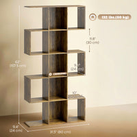 5-Tier Bookshelf, S Shaped Geometric Bookcase with 15 Compartments, Rustic Brown