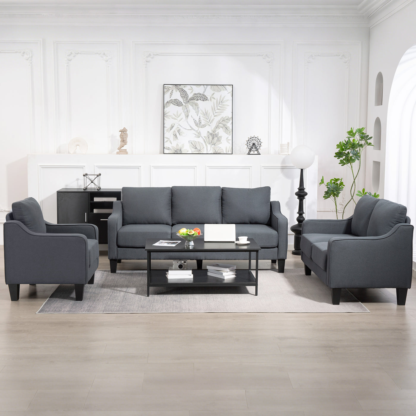 Armchair, Modern Accent Chair with Pocket Spring, Linen Upholstered, Thick Padded, Charcoal Grey