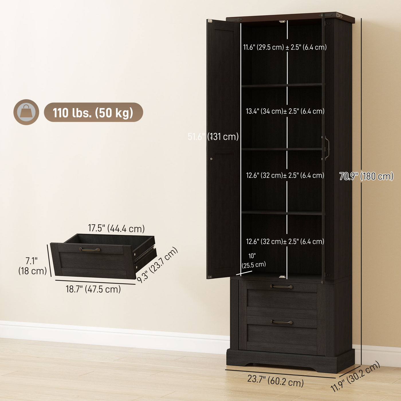 71" Tall Kitchen Pantry Cabinet, Farmhouse Kitchen Storage Cabinet with 2 Drawer and Adjustable Shelves, Black