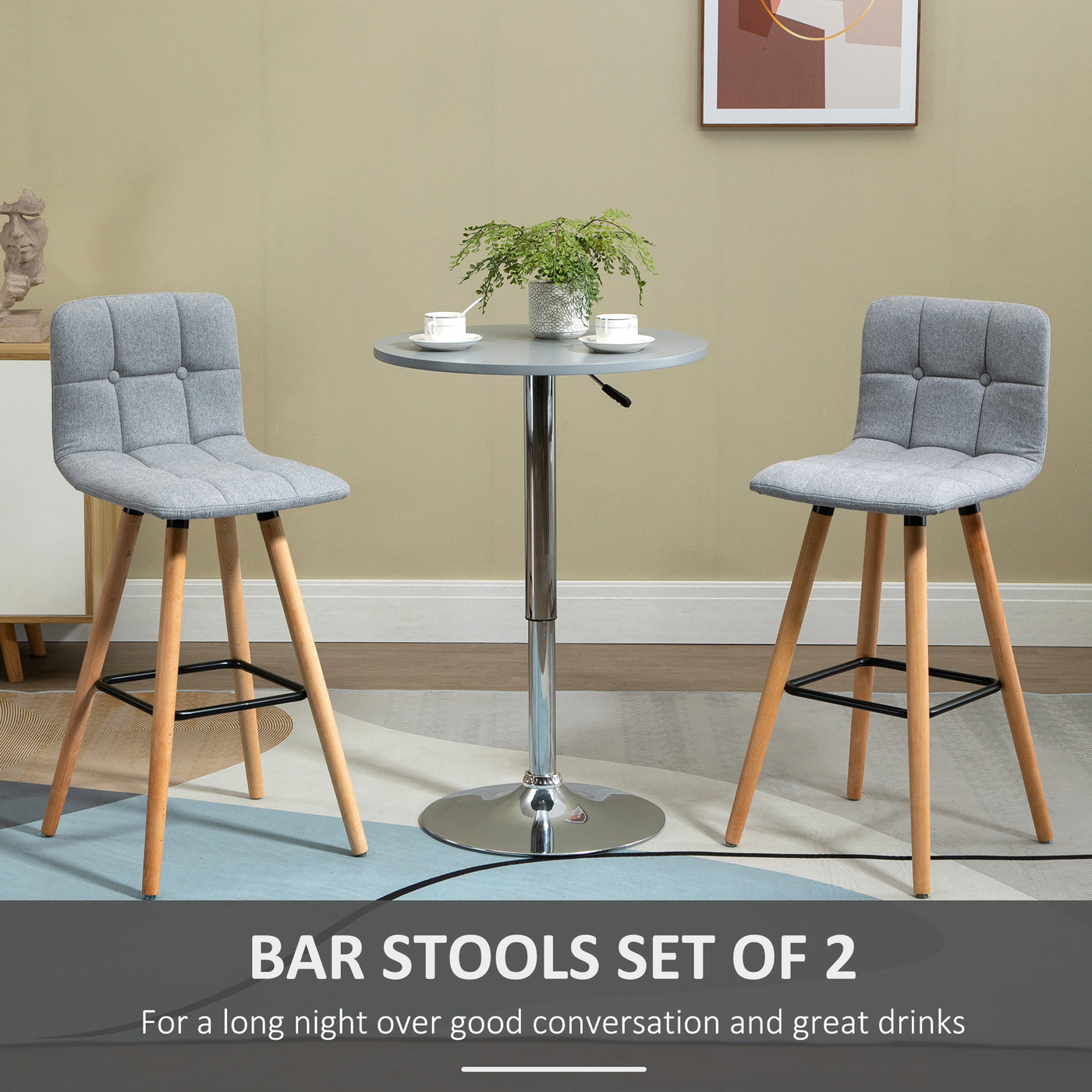 Modern Bar Stools Set of 2, 38" Upholstered Kitchen Island Stool with Solid Wood Legs, Grey