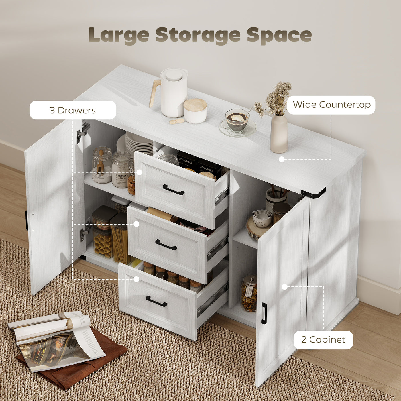 Sideboard with 3 Drawers and 2 Doors, 47" Buffet Cabinet with Adjustable Shelves for Kitchen, White Wood Grain