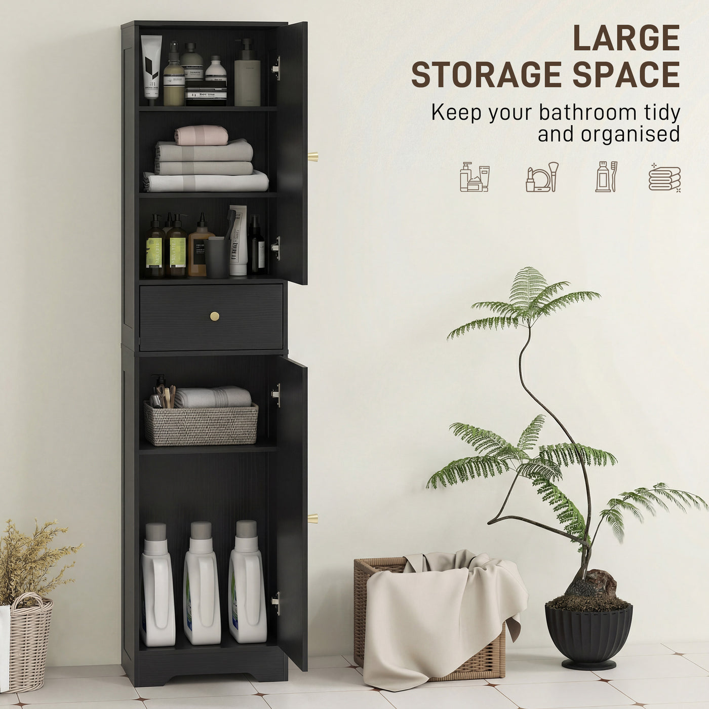 67" Tall Bathroom Cabinet, Slim Bathroom Storage Cabinet with 2 Doors, Drawer and Adjustable Shelf, Black Wood Grain