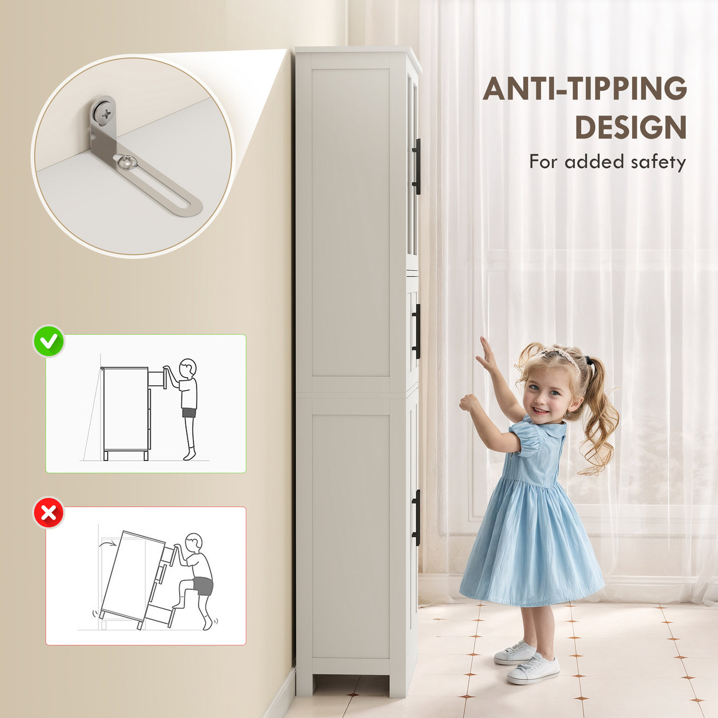 67" Tall Bathroom Storage Cabinet, Modern Freestanding Bathroom Cabinet with Glass Doors and Adjustable Shelves, White