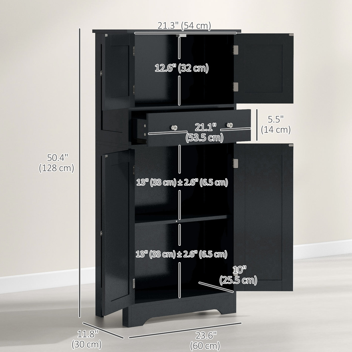 50.5" Kitchen Storage Cabinet, Modern Kitchen Pantry Cabinet with 4 Doors, Drawer, Adjustable Shelf, Black