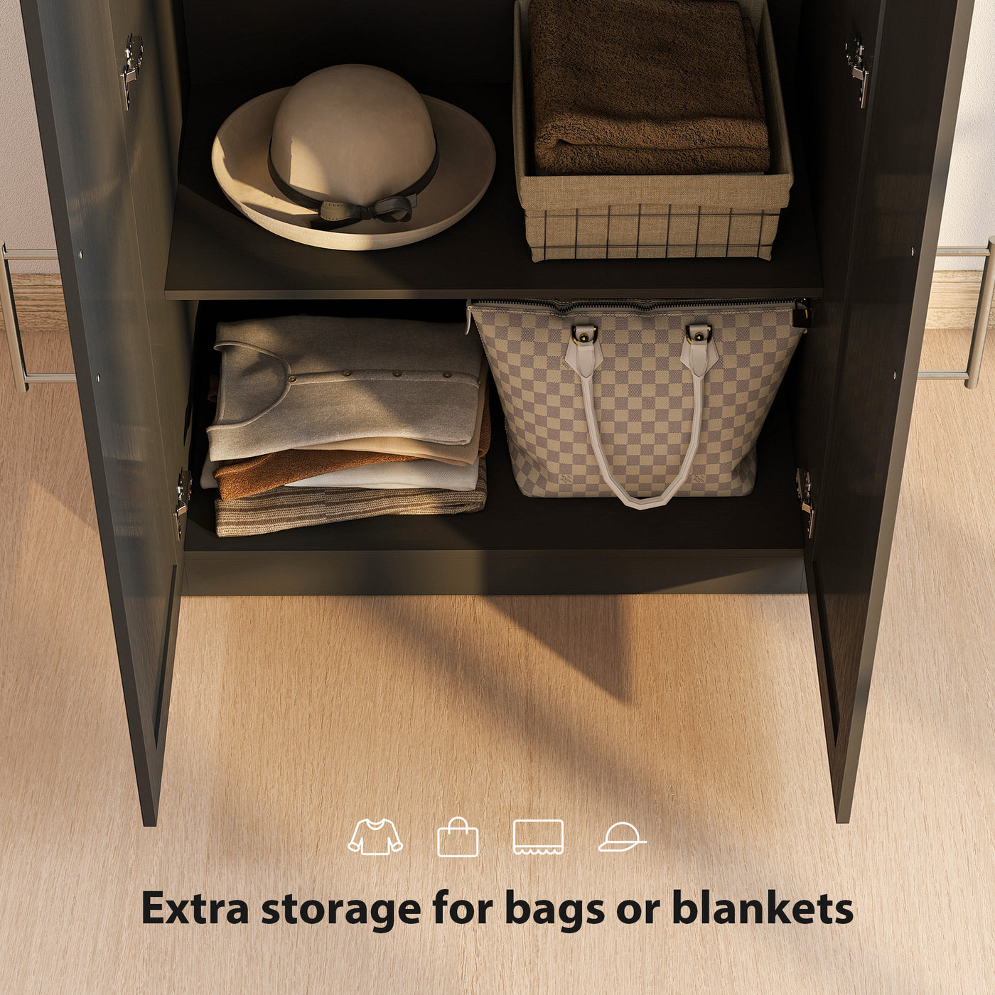 Wardrobe Cabinet with 2 Barn Doors and Hanging Rod, Farmhouse Armoire Wardrobe Closet for Bedroom, Black Wood Effect