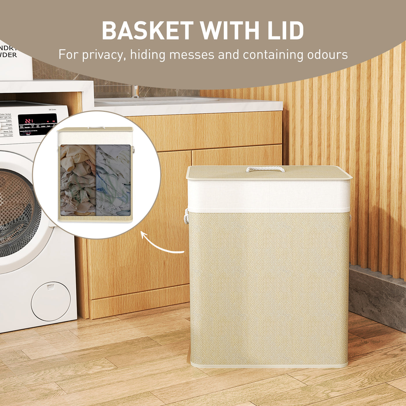 Double Laundry Basket with Lid, 100L Bamboo Laundry Hamper with Rope Handles and Removable Bags, Natural