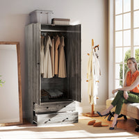 Modern Wardrobe Closet Armoire with 2 Drawers and Hanging Rod, Clothes Storage Organizer for Bedroom, Grey