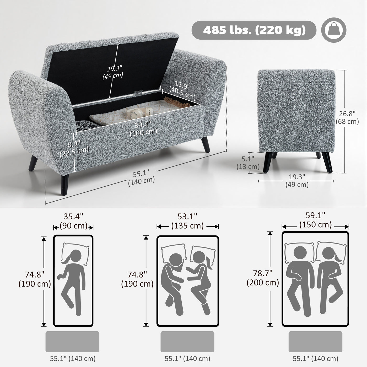 Upholstered Storage Bench with Arms, Modern Ottoman Bench for Bedroom, Entryway, and Living Room, Grey