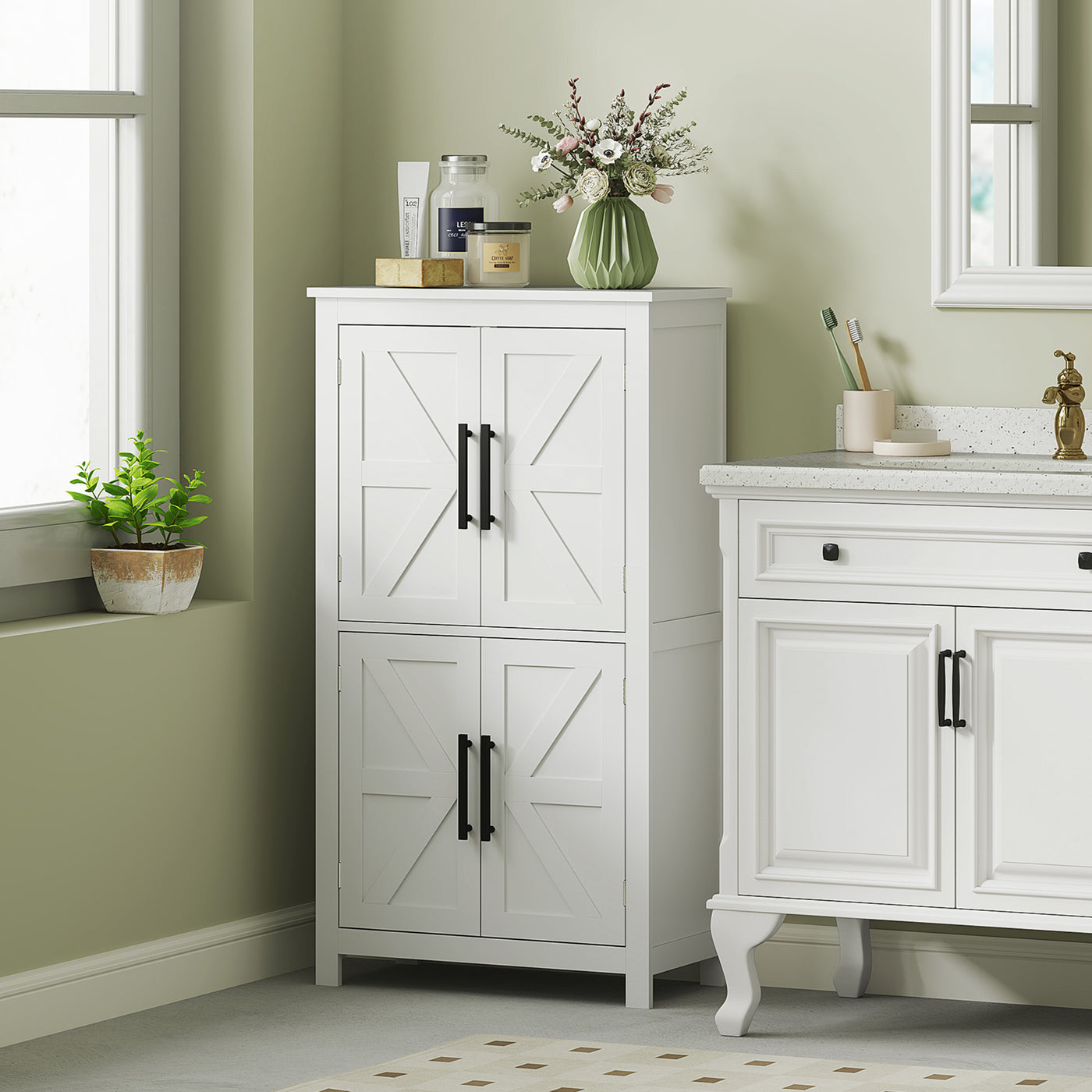 Farmhouse Bathroom Storage Cabinet, Bathroom Floor Cabinet with Barn Doors and Adjustable Shelf, White