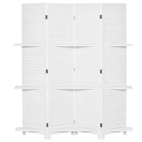 4-Panel Wall Partition Room Separator with 3 Storage Shelves Foldable Design Wooden Frame 5.6FT White