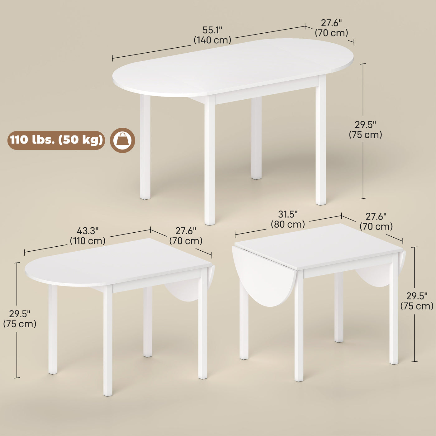 Solid Wood Kitchen Table, Drop Leaf Tables for Small Spaces, Folding Dining Table, White