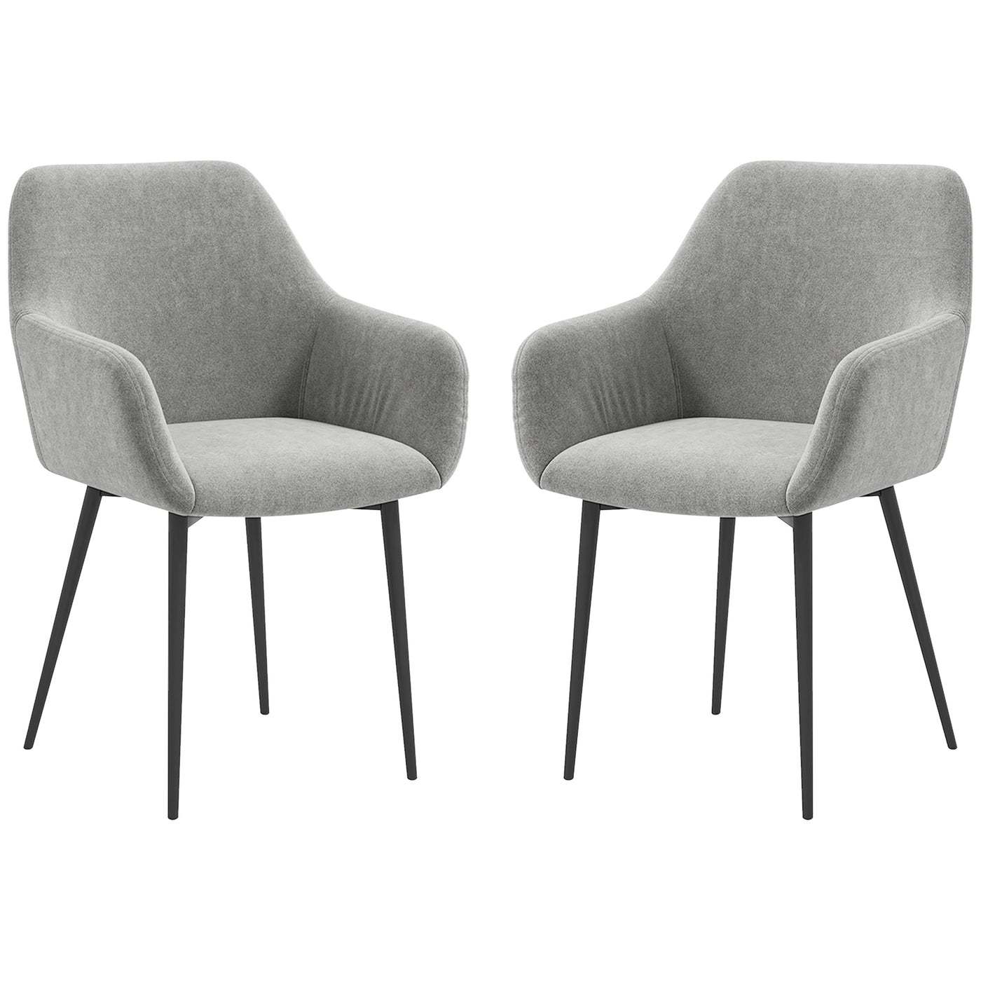 Dining Chairs Set of 2, Velvet-look Fabric Upholstered Kitchen Chairs with Backrest, Armrests and Steel Legs, Dark Grey
