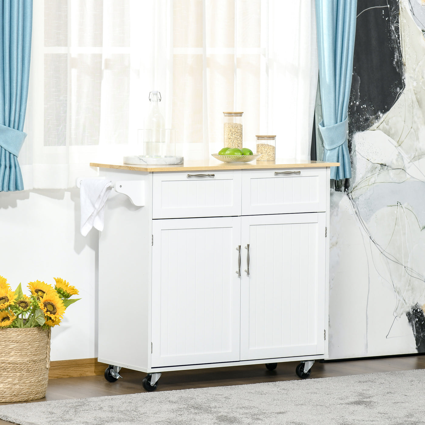 Rolling Kitchen Island with Storage Drawers, Kitchen Cart with Rubber Wood Top, Cabinet & Towel Rack, White
