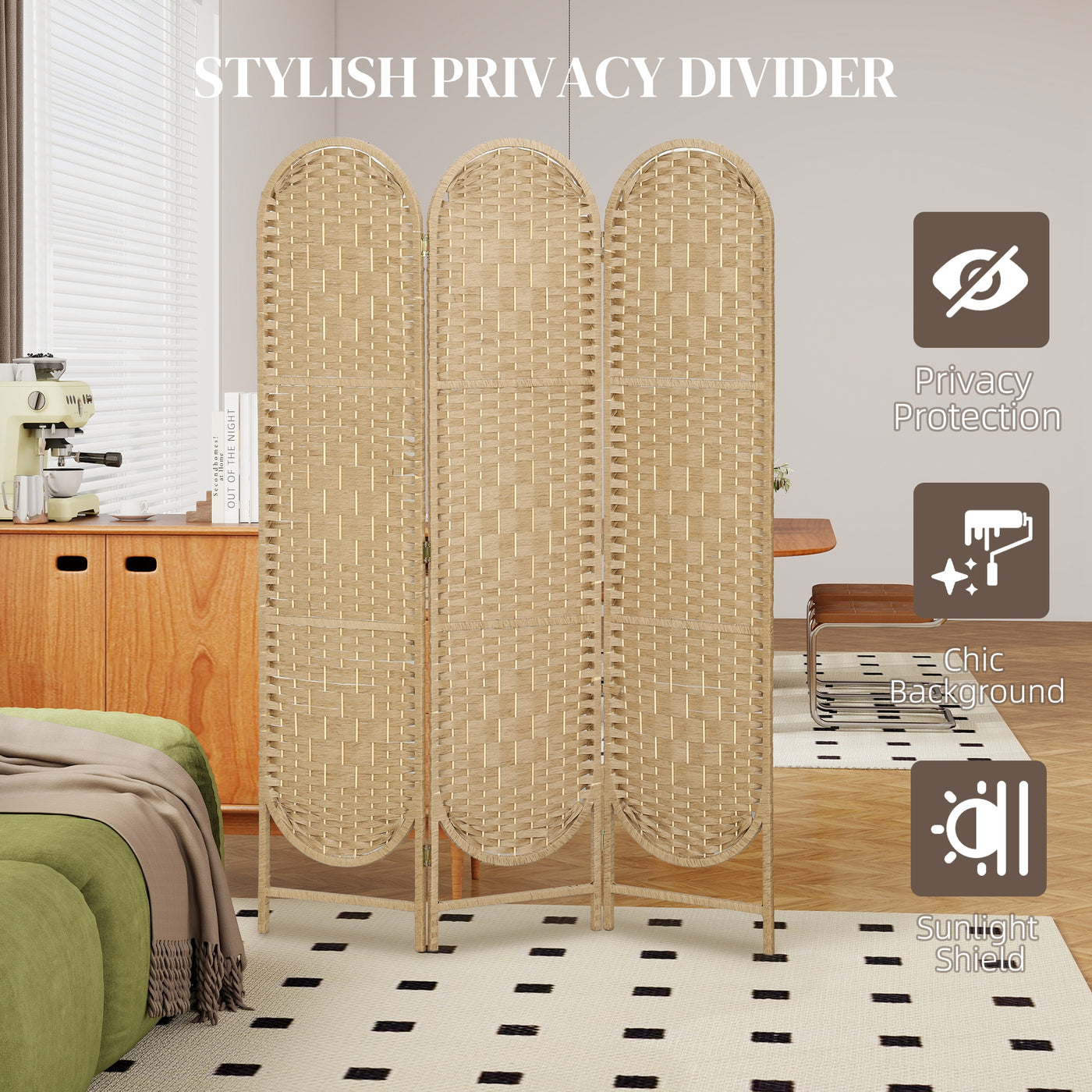 Bohemian Privacy Screen, Folding Room Divider with 3 Panels and Arched Top for Bedroom Living Room Office, Natural Wood