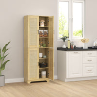 67" Tall Kitchen Pantry, Freestanding Kitchen Storage Cabinet with 4 Rattan Doors and Adjustable Shelves, Oak