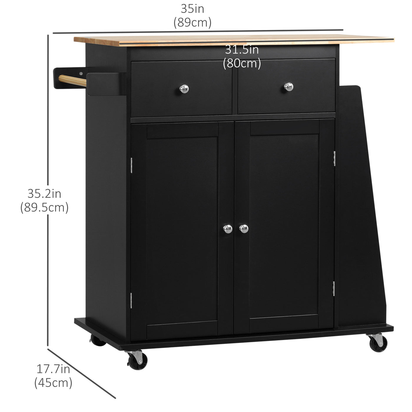 Rolling Kitchen Island Trolley Storage Cart with Rubber Wood Top, 3-Tier Spice Rack, Towel Rack Home Kitchen Carts, Black