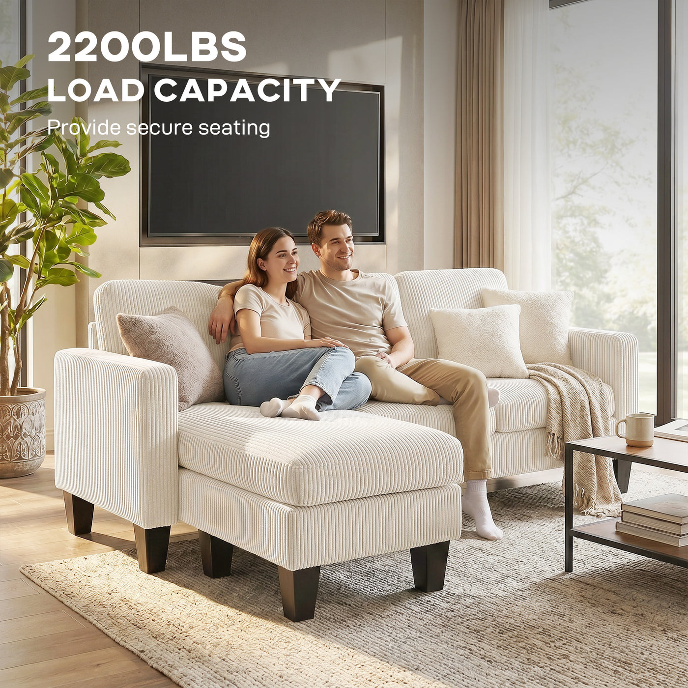 Sectional Sofa, L Shaped Couch, with Changeable Chaise or Ottoman, Cream White