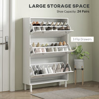 Narrow Shoe Storage Cabinet, 3 Flip Drawers, Adjustable Shelves, 18-24 Pairs Capacity, White