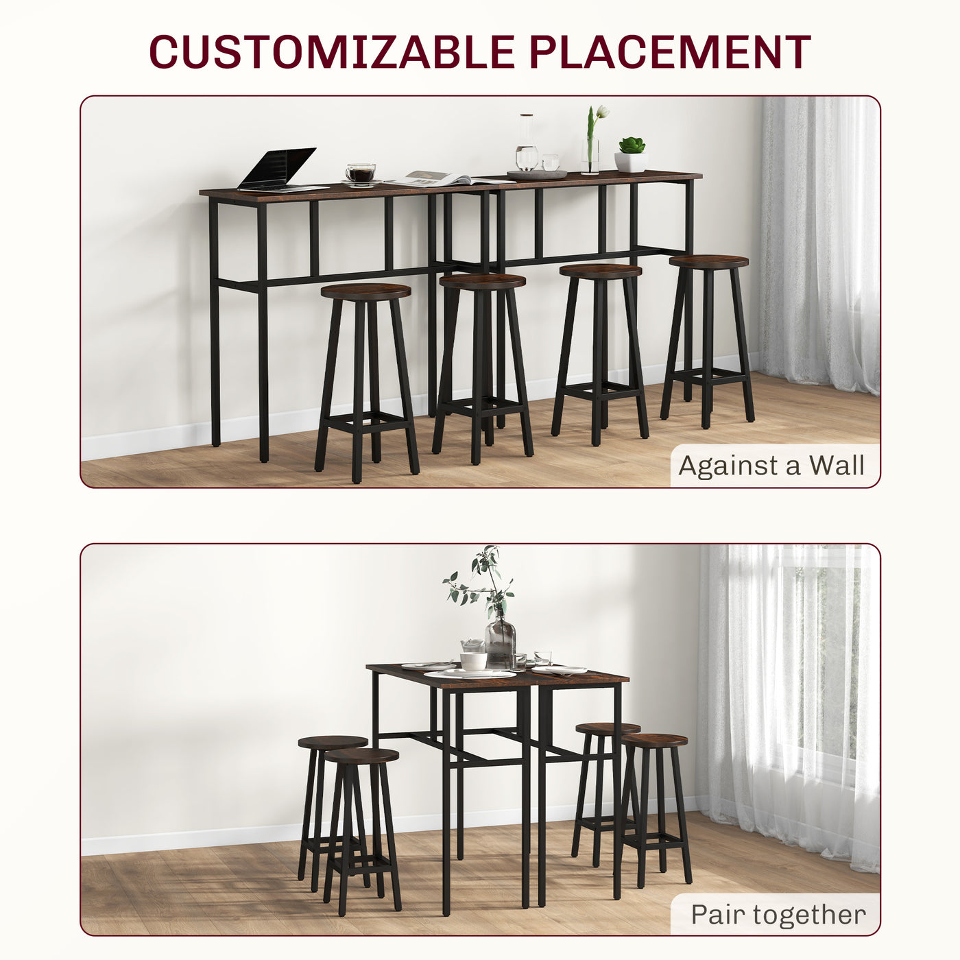Bar Table Set of 6 Bar Table and Stools for 4 2 Breakfast Tables and 4 Stools for Living Room Dining Room Rustic Brown
