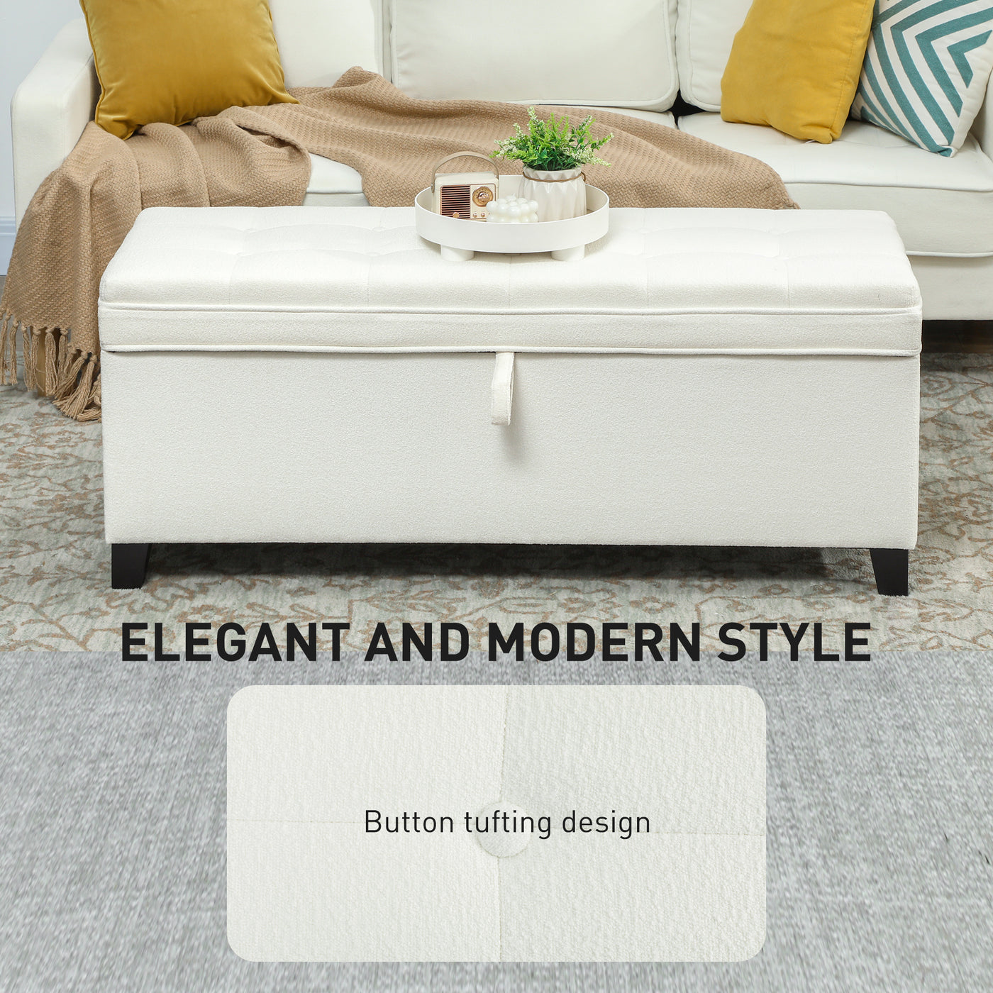 Storage Ottoman Bench, Foot Rest with Safety Hinges, 47 Inches Linen Storage Chest for Living Room, Cream White
