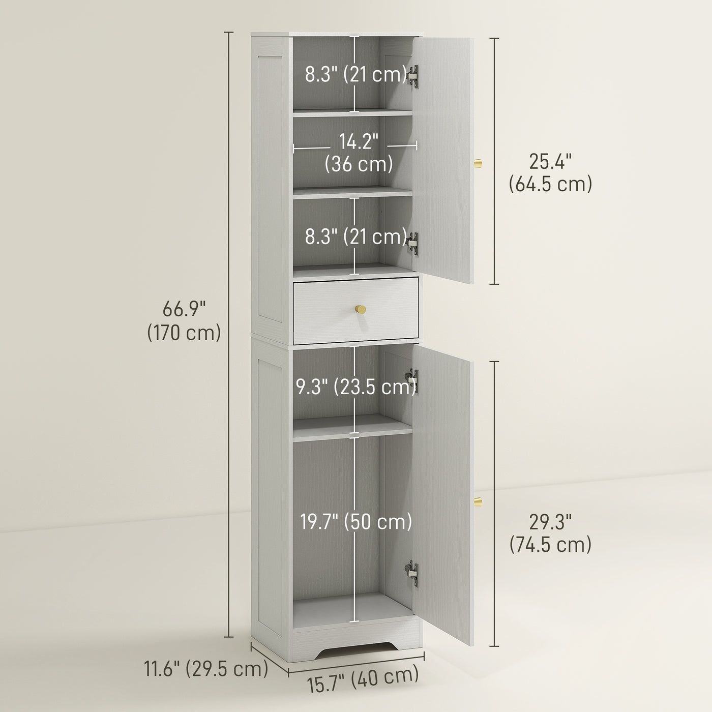 67" Tall Bathroom Cabinet, Slim Bathroom Storage Cabinet with 2 Doors, Drawer and Adjustable Shelf, White Wood Grain