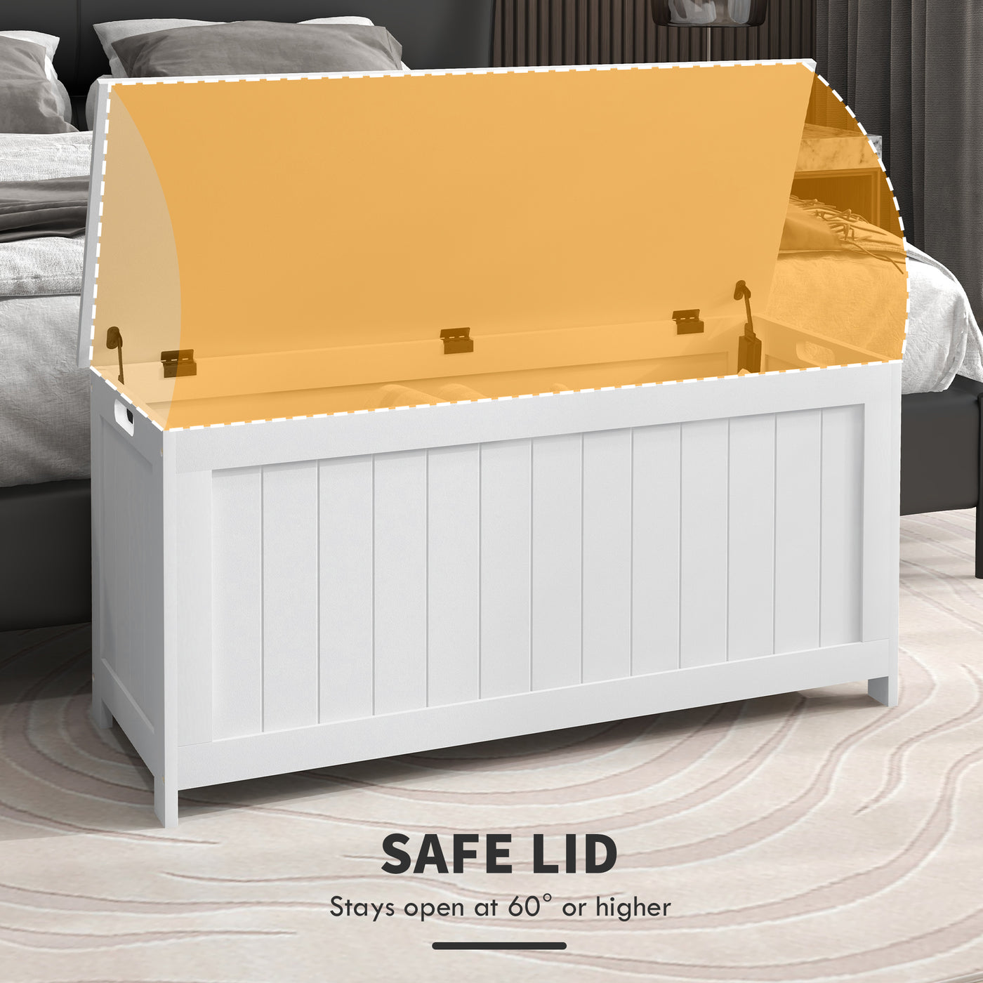 Storage Trunk with 2 Safety Hinges, Modern Entryway Bench with Side Handles, Storage Chest for Living Room, White